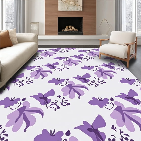 ODIKA 5'x7' Machine Washable Non-Slip Area Rug, Elegant Design with Stylized Petals and Leaf High Traffic Rug, Purple, 721176