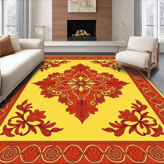 ODIKA 5'x7' Machine Washable Non-Slip Area Rug, Elegant Floral Damask Reversible Trellis High Traffic Rug, Yellow, 611661
