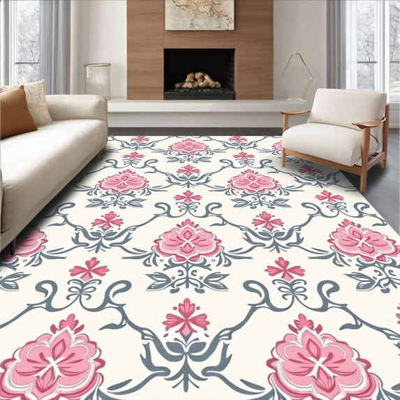 ODIKA 5'x7' Machine Washable Non-Slip Area Rug, Elegant Floret Damask Transitional Charm Luxury Statement High Traffic Rug, Pink, 659327