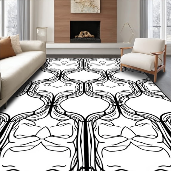 ODIKA 5'x7' Machine Washable Non-Slip Area Rug, Elegant Interlocking Hexagon Motif with Subtle Wave Accents High Traffic Rug, Black, 707161