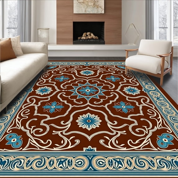 ODIKA 5'x7' Machine Washable Non-Slip Area Rug, Elegant Medallion Swirl Damask Vintage Trellis Motif High Traffic Rug, Brown, 590440