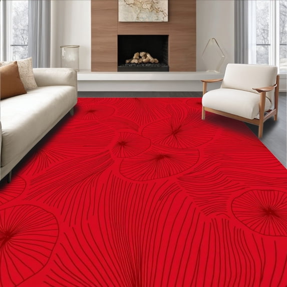 ODIKA 5'x7' Machine Washable Non-Slip Area Rug, Elegant Modern Floral Burst Design with Bold Accents High Traffic Rug, Red, 381785