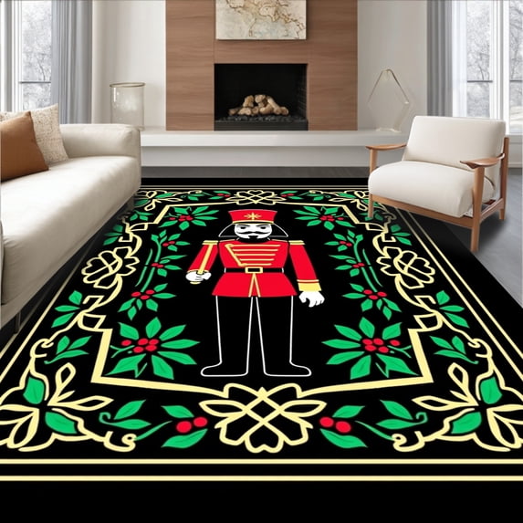 ODIKA 5'x7' Machine Washable Non-Slip Area Rug, Elegant Nutcracker Soldier With Classic Christmas Heraldry Design High Traffic Rug with Pad, Black, 740283