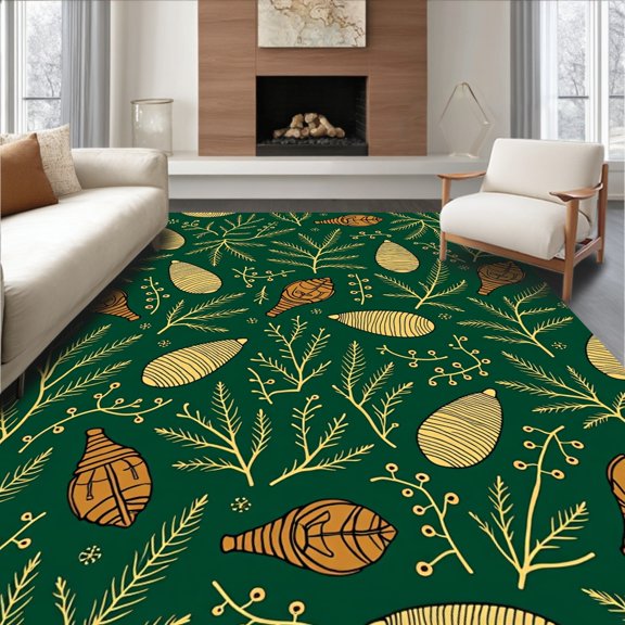 ODIKA 5x7 Machine Washable Non-Slip Area Rug, Elegant Pinecone and Winterberry Interlocking Botanical High Traffic Rug, Green, 735673