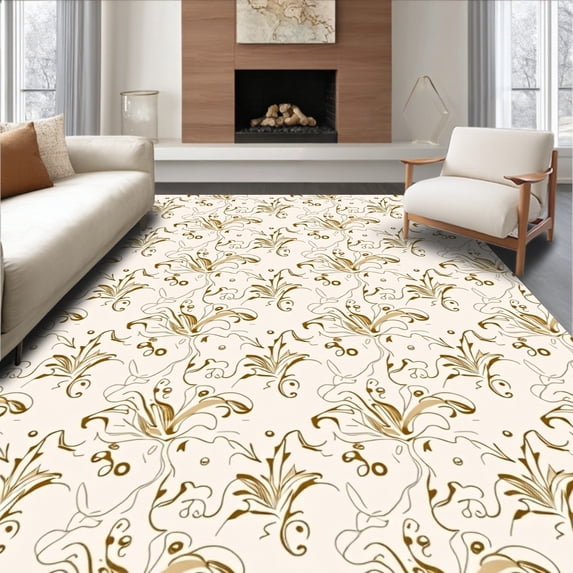 ODIKA 5'x7' Machine Washable Non-Slip Area Rug, Elegant Swirl Baroque Vintage Inspired Tufted High Traffic Rug with Pad, Beige, 525701