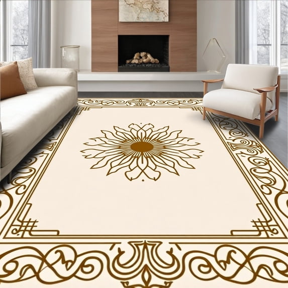 ODIKA 5'x7' Machine Washable Non-Slip Area Rug, Elegant Swirl Medallion Plush Shag Decorative Accent High Traffic Rug with Pad, Beige, 523254