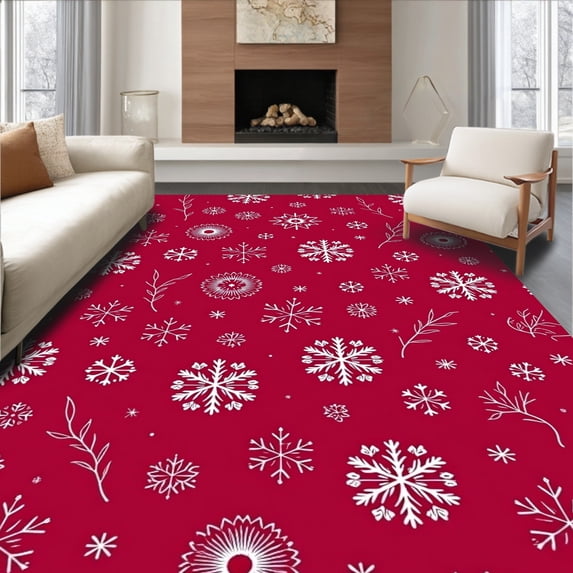 ODIKA 5'x7' Machine Washable Non-Slip Area Rug, Elegant Wintry Celebration Snowy Landscape High Traffic Rug, Red, 623226