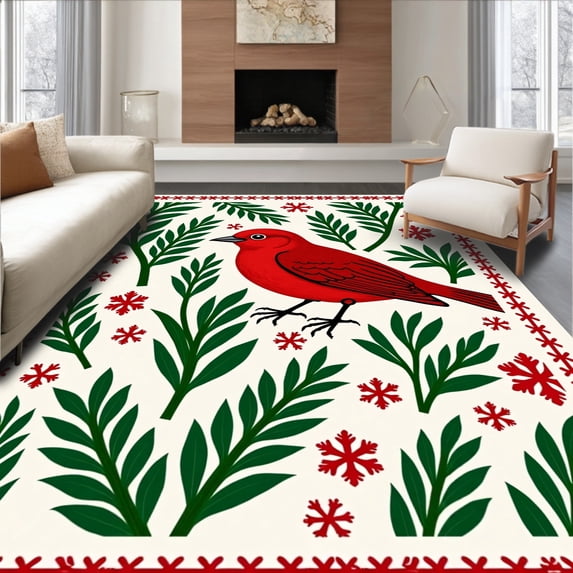 ODIKA 5'x7' Machine Washable Non-Slip Area Rug, Elegant Yuletide Songbird Resting Upon Evergreen Bough High Traffic Rug with Pad, Red, 505753