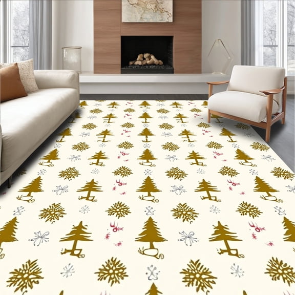 ODIKA 5'x7' Machine Washable Non-Slip Area Rug, Enchanted Fir Celebration Seasonal Floor Decoration High Traffic Rug, Beige, 501125