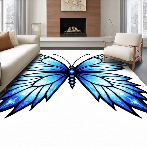 ODIKA 5'x7' Machine Washable Non-Slip Area Rug, Enchanted Forest Fairy Wings Crochet Embroidery Needlework Project High Traffic Rug, Blue, 641024