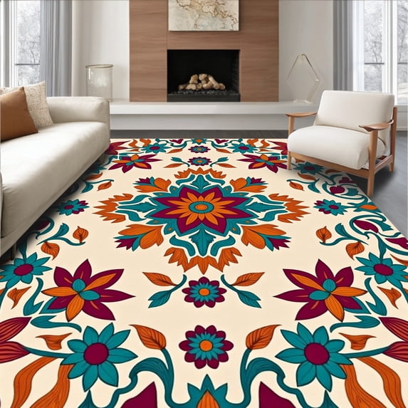 ODIKA 5'x7' Machine Washable Non-Slip Area Rug, Enchanted Garden Blossom Kaleidoscope High Traffic Rug with Pad, Orange, 511918