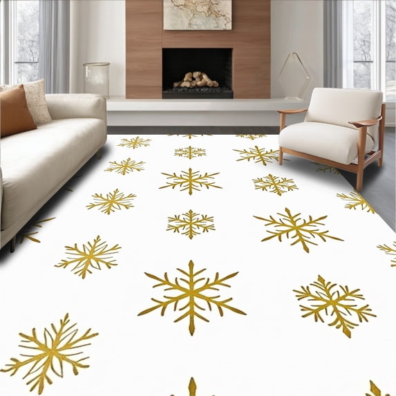 ODIKA 5'x7' Machine Washable Non-Slip Area Rug, Enchanted Glittering Jewel Snowy Magical Festivity Backdrop High Traffic Rug with Pad, Gold, 735029
