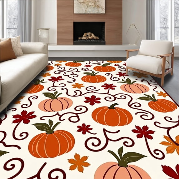 ODIKA 5'x7' Machine Washable Non-Slip Area Rug, Enchanted Gourd Vine Motif Seasonal Farmhouse Decorative Flooring High Traffic Rug with Pad, Orange, 602039