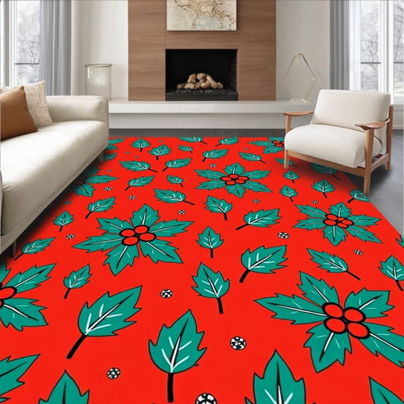 ODIKA 5'x7' Machine Washable Non-Slip Area Rug, Enchanted Holly Berry Seasonal Foyer Welcome High Traffic Rug, Red, 606882