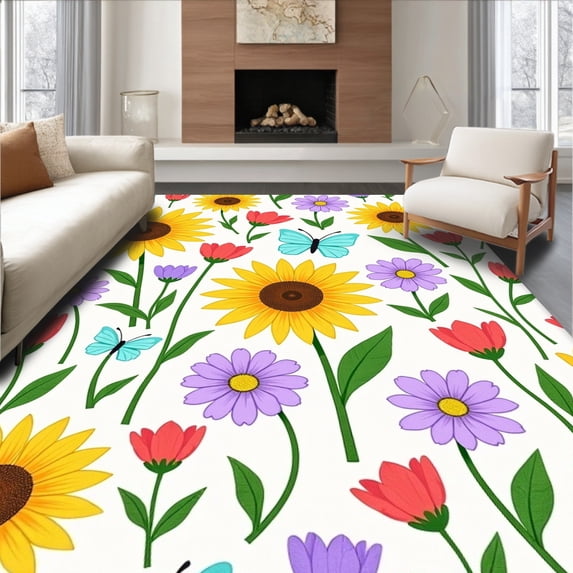 ODIKA 5'x7' Machine Washable Non-Slip Area Rug, Enchanted Meadow Wildflower Symphony with Papillon Accents High Traffic Rug with Pad, Yellow, 663403