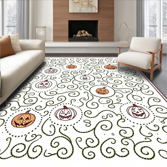 ODIKA 5'x7' Machine Washable Non-Slip Area Rug, Enchanted Pumpkin Patch Harvest Festival Doormat High Traffic Rug with Pad, Green, 607491