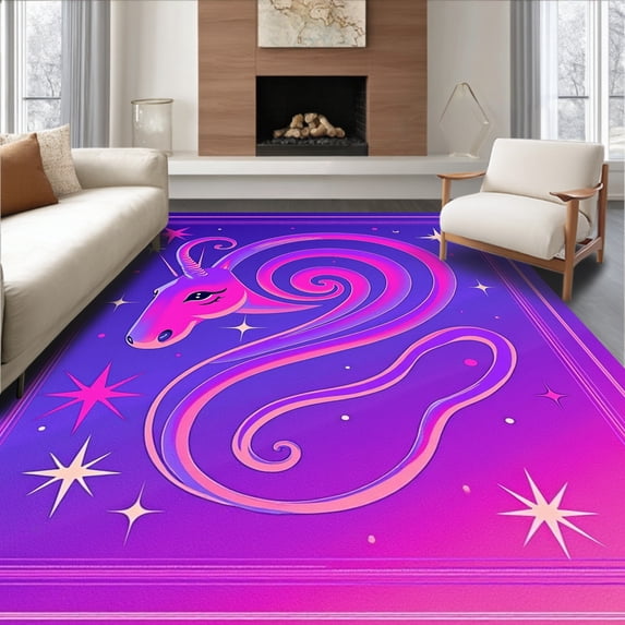 ODIKA 5'x7' Machine Washable Non-Slip Area Rug, Enchanting Mythical Creature Medley Featuring Spiral Horns and Starry Trails High Traffic Rug, Purple, 724024