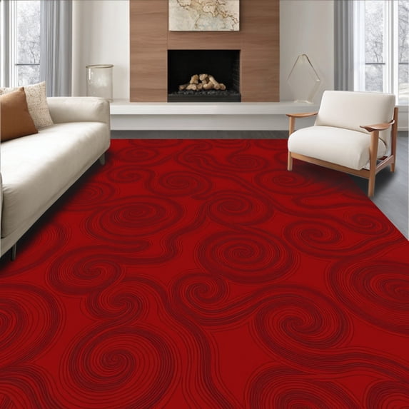 ODIKA 5'x7' Machine Washable Non-Slip Area Rug, Enchanting Twirl Symphony Decorative High Traffic Rug, Red, 579992