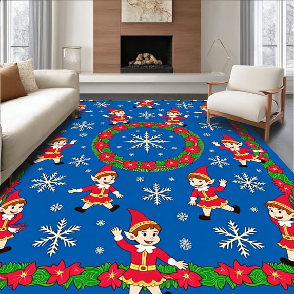 ODIKA 5'x7' Machine Washable Non-Slip Area Rug, Enchanting Yuletide Elf Parade with Festive Bauble High Traffic Rug with Pad, Blue, 733590
