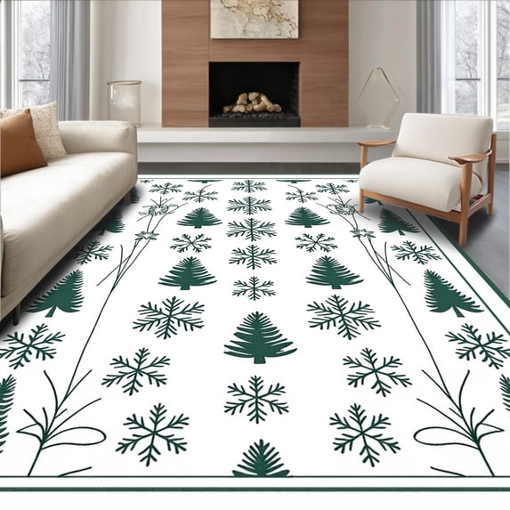 ODIKA 5x7 Machine Washable Non-Slip Area Rug, Evergreen Pine Tree Forest with Snowflake Accents Tapestry Design High Traffic Rug, Green, 649613
