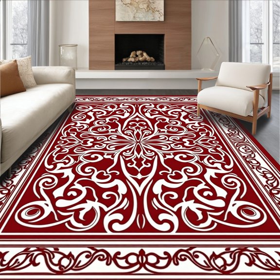 ODIKA 5'x7' Machine Washable Non-Slip Area Rug, Exotic Botanical Scroll Jacquard Embellished High Traffic Rug, Red, 663763