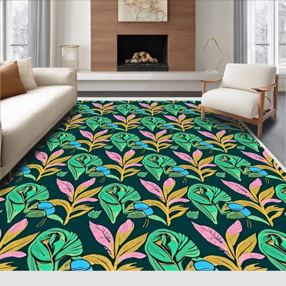 ODIKA 5'x7' Machine Washable Non-Slip Area Rug, Exotic Flora Mosaic with Interlocking Tropical Petals High Traffic Rug, Green, 576642