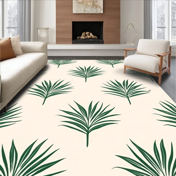 ODIKA 5'x7' Machine Washable Non-Slip Area Rug, Exotic Island Breeze Swaying Fronds Entryway Statement High Traffic Rug, Ivory, 716552