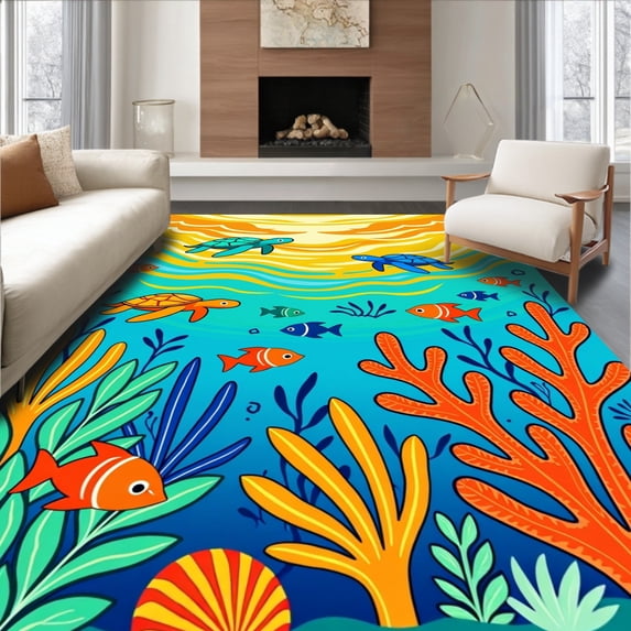 ODIKA 5'x7' Machine Washable Non-Slip Area Rug, Exotic Tropical Lagoon Bathroom Accessory High Traffic Rug, Blue, 705690