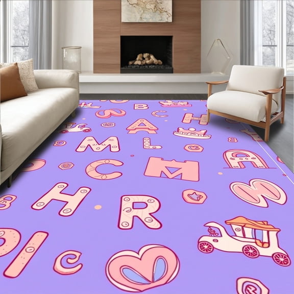 ODIKA 5'x7' Machine Washable Non-Slip Area Rug, Fairy Tale Castle Learning Playmat with Letter High Traffic Rug, Purple, 693082