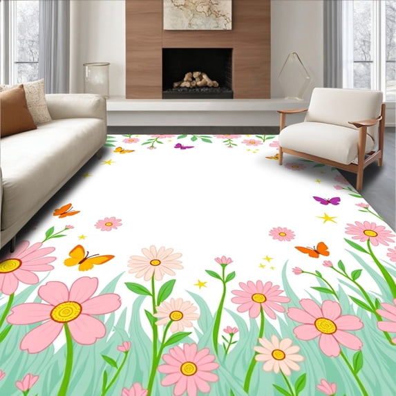 ODIKA 5'x7' Machine Washable Non-Slip Area Rug, Fairy Tale Meadow with Blooming Florals and Floating Butterflies High Traffic Rug with Pad, Pink, 396245