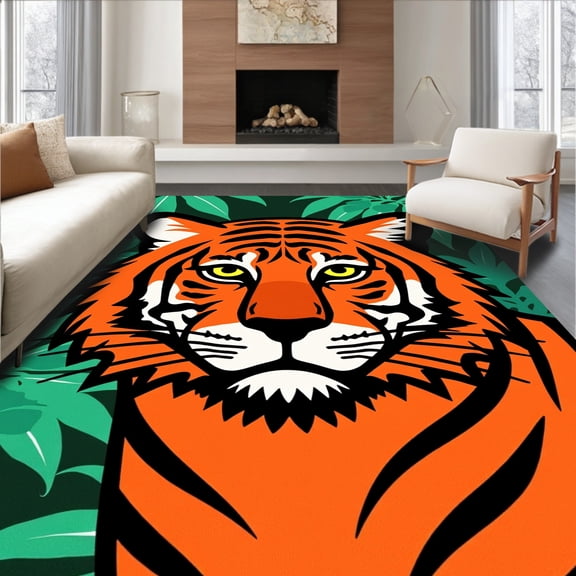ODIKA 5'x7' Machine Washable Non-Slip Area Rug, Ferocious Jungle Cat Latch Hook DIY Needlecraft Project High Traffic Rug, Orange, 635174