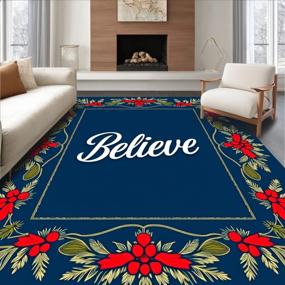 ODIKA 5'x7' Machine Washable Non-Slip Area Rug, Festive Believe Holiday Cushioned Doormat High Traffic Rug, Blue, 735326