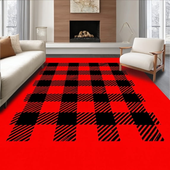 ODIKA 5'x7' Machine Washable Non-Slip Area Rug, Festive Buffalo Check Holiday Decorative High Traffic Rug, Red, 652195