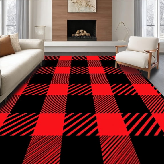 ODIKA 5'x7' Machine Washable Non-Slip Area Rug, Festive Buffalo Check with Bold Contrasts and Classic Charm High Traffic Rug with Pad, Red, 610587