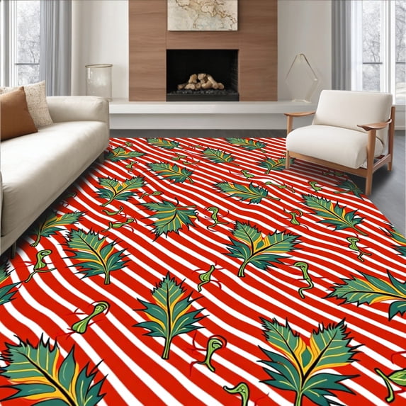 ODIKA 5'x7' Machine Washable Non-Slip Area Rug, Festive Cane Stripe Semi Circle With Leaf Motifs High Traffic Rug, Red, 612798