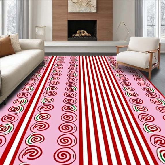 ODIKA 5'x7' Machine Washable Non-Slip Area Rug, Festive Cane Swirl Design with Holiday Peppermint Accents High Traffic Rug with Pad, Pink, 647089