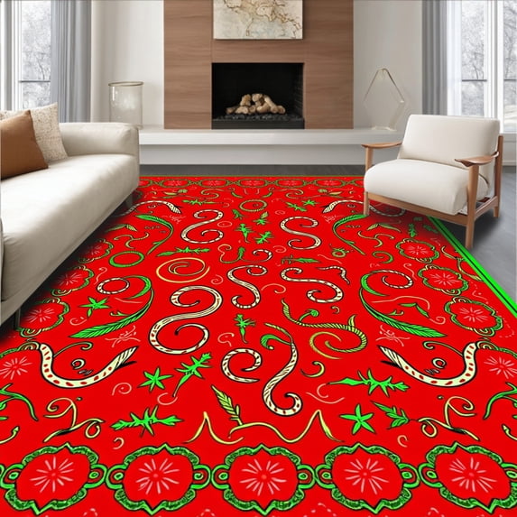 ODIKA 5'x7' Machine Washable Non-Slip Area Rug, Festive Cane Swirl Interlocking Motif Christmas Embroidery High Traffic Rug with Pad, Red, 647853