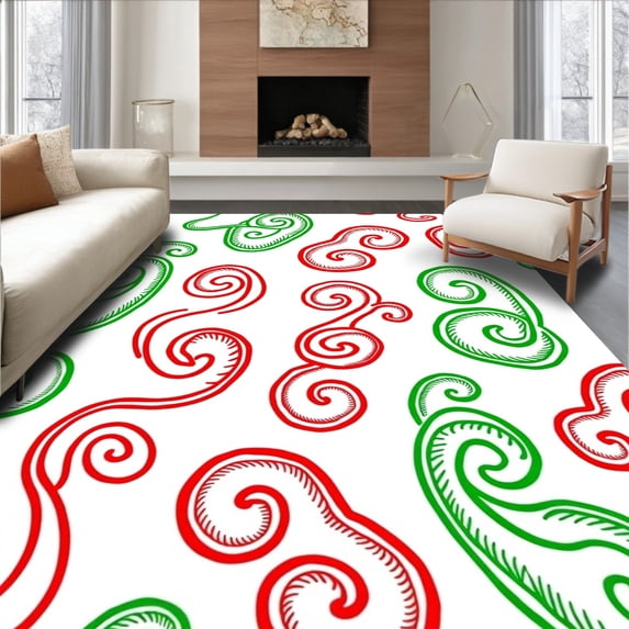 ODIKA 5'x7' Machine Washable Non-Slip Area Rug, Festive Cane Swirl with Twisting Stripe Motifs High Traffic Rug with Pad, Red, 647912