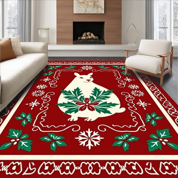 ODIKA 5'x7' Machine Washable Non-Slip Area Rug, Festive Capybara Emblem Framed by Ornate Snowflake and Holly Leaf Interlock High Traffic Rug with Pad, Red, 634714