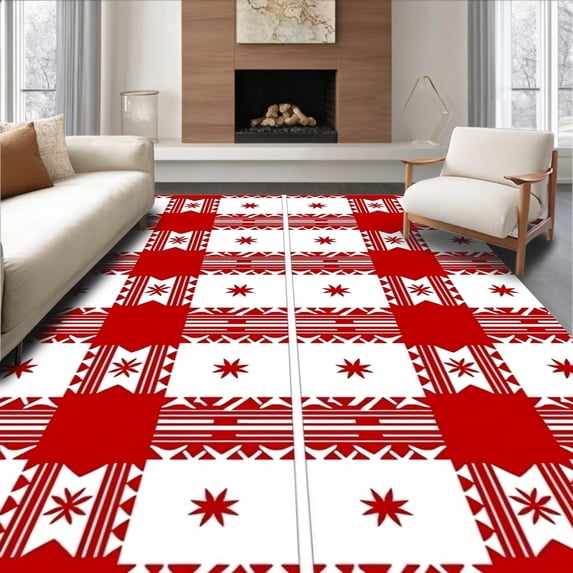 ODIKA 5'x7' Machine Washable Non-Slip Area Rug, Festive Checkered Patchwork with Nordic Accents High Traffic Rug, Red, 618384