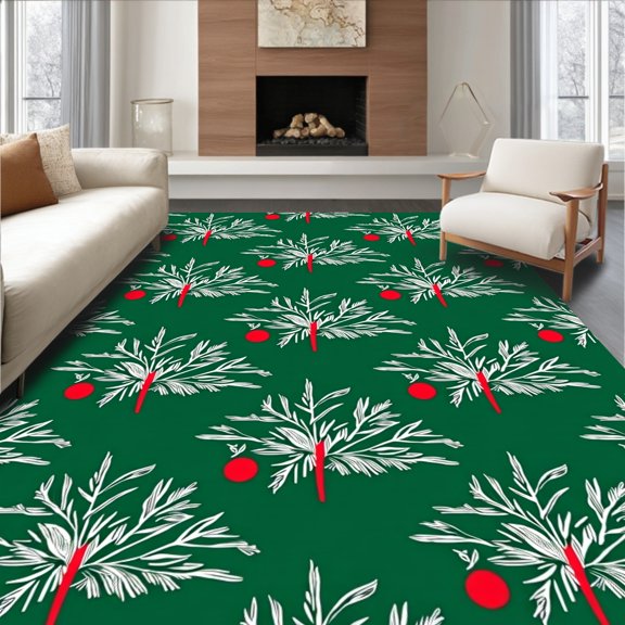 ODIKA 5'x7' Machine Washable Non-Slip Area Rug, Festive Evergreen Holiday With Decorated Fir Motif High Traffic Rug, Green, 501097