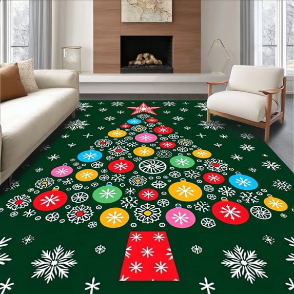 ODIKA 5'x7' Machine Washable Non-Slip Area Rug, Festive Evergreen Mosaic with Ornaments and Snowflake Accents High Traffic Rug, Green, 744226