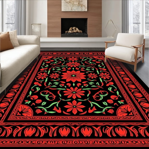 ODIKA 5'x7' Machine Washable Non-Slip Area Rug, Festive Floral Motif Cushion with Intricate Petal Overlay High Traffic Rug with Pad, Red, 743948