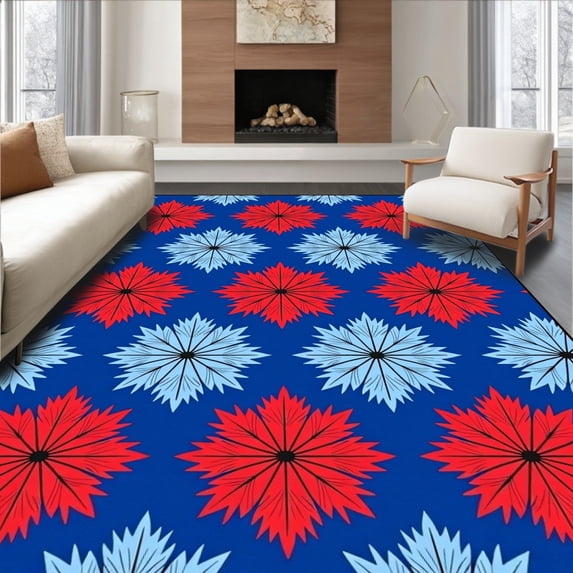 ODIKA 5'x7' Machine Washable Non-Slip Area Rug, Festive Fox and Motif Winter Celebration Kit High Traffic Rug, Blue, 633229