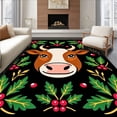 thumbnail image 1 of ODIKA 5'x7' Machine Washable Non-Slip Area Rug, Festive Highland Cow Illustration with Interlocking Evergreen Branches High Traffic Rug with Pad, Black, 629188, 1 of 8