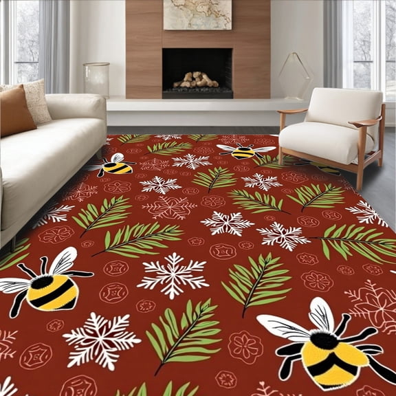 ODIKA 5'x7' Machine Washable Non-Slip Area Rug, Festive Holiday Bee Scene with Evergreen Sprigs and Snowflake High Traffic Rug, Brown, 637476
