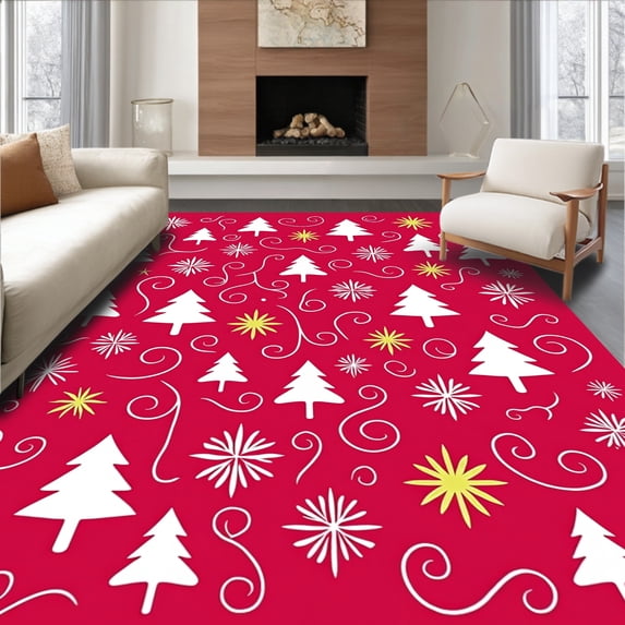 ODIKA 5'x7' Machine Washable Non-Slip Area Rug, Festive Holiday Tree with Starburst Ornament Details High Traffic Rug with Pad, Red, 610328