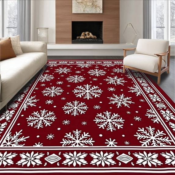 ODIKA 5'x7' Machine Washable Non-Slip Area Rug, Festive Holiday With Rustic Charm Snowflake High Traffic Rug, Red, 731568