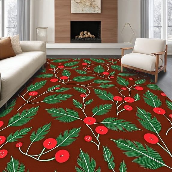 ODIKA 5'x7' Machine Washable Non-Slip Area Rug, Festive Holly Berries Pine Needles Anti Slip Holiday High Traffic Rug with Pad, Brown, 626256