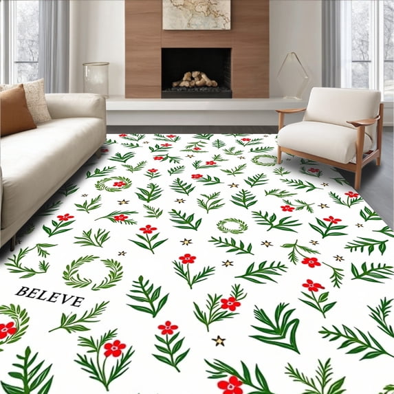 ODIKA 5'x7' Machine Washable Non-Slip Area Rug, Festive Holly Wreath with Believe Typography High Traffic Rug with Pad, Green, 733180